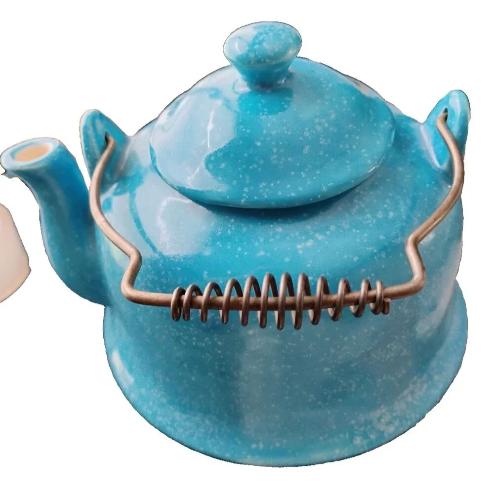 Mid-Century Style Speckled Turquoise Ceramic Teapot – Handcrafted Studio Pottery